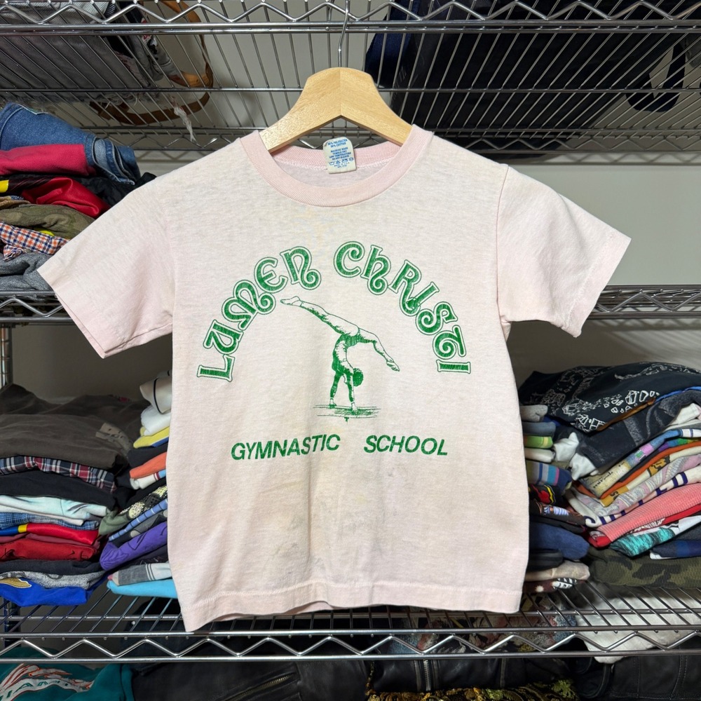 True Vintage 80's Gymnastic School T-Shirt Unisex Kids M Pink Baby Tee Athletic